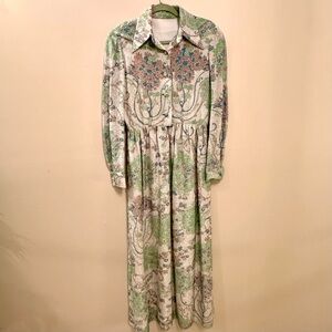 Kiki Hart 70's Vintage Green & Silver Dress Button Down Long Sleeve Metallic